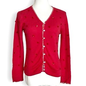 SILK AUGUST SILK CASHMERE SILK BLEND BEADED SEQUIN BUTTON UP SWEATER SIFT RED…